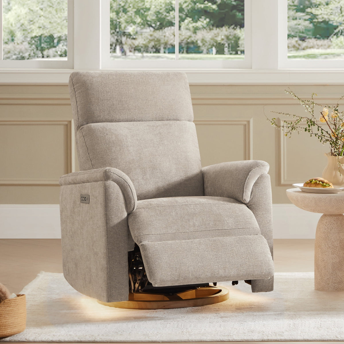 ReNest Swivel Power Recliner Chair with Power Headrest, USB & Type-C Charging Ports, Built-In Nightlight, for Living Room & Bedroom, Khaki Fabric, Single