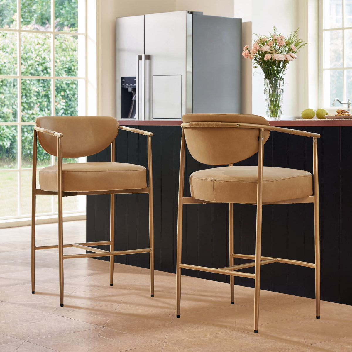 ReNest 27'' Bar Stools Set of 2, Upholstered Counter Stools with Back and Woven Arms, Gold Metal Frame, Modern Kitchen Island Seating, Faux Leather, Brown