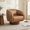 ReNest Mid-Century Modern Barrel Swivel Accent Chair with Wood Base, Genuine Leather Upholstery, Saddle, Single