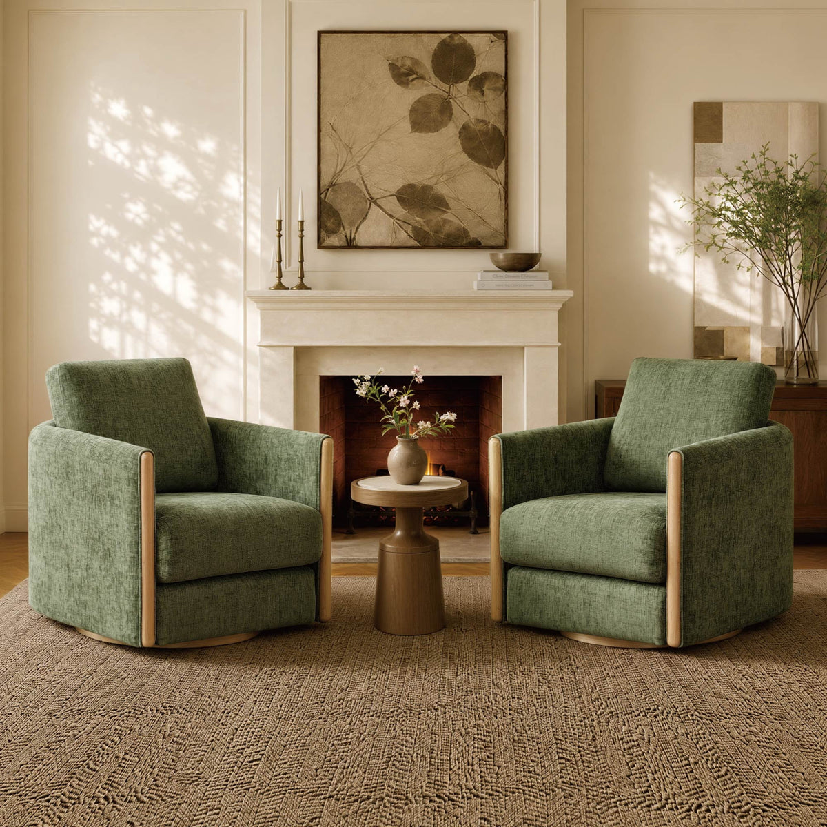 ReNest Modern Swivel Accent Chair, Upholstered Barrel Armchair with Wooden Armrests, Removable Cushions, Living Room & Bedroom Chair, Moss Green Fabric