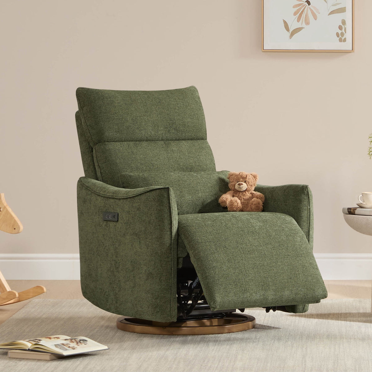 ReNest Swivel Power Recliner Chair, Nursery Glider Recliner with Power Headrest, USB & Type-C Charging Ports, Removable Lumbar Pillow, Moss Green Fabric, Single