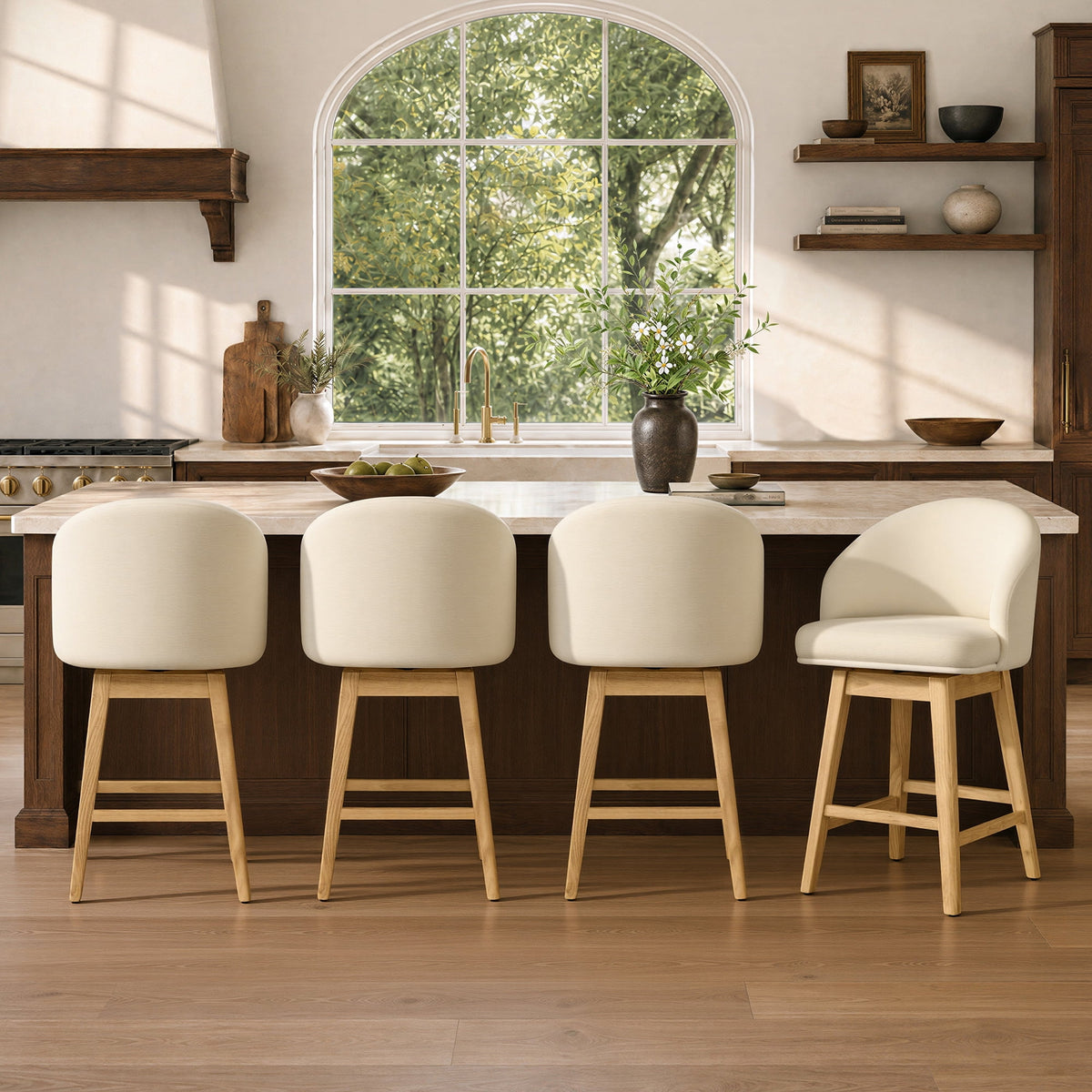 ReNest 27" Counter Height Bar Stools, Upholstered Barrel Back Barstools with Solid Wood Legs & Footrest, for Kitchen Island & Home Bar, Cream Fabric, Set of 4