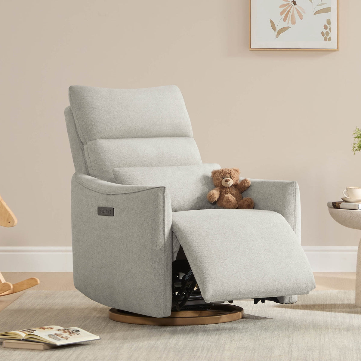 ReNest Swivel Power Recliner Chair, Nursery Glider Recliner with Power Headrest, USB & Type-C Charging Ports, Removable Lumbar Pillow, Crockery Fabric, Single