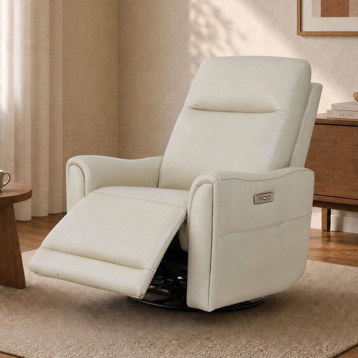 ReNest Swivel Power Recliner Chair, Genuine Leather Recliner with Power Headrest & USB and Type-C Charging Ports, Memory Foam Seat, Light Gray, Single